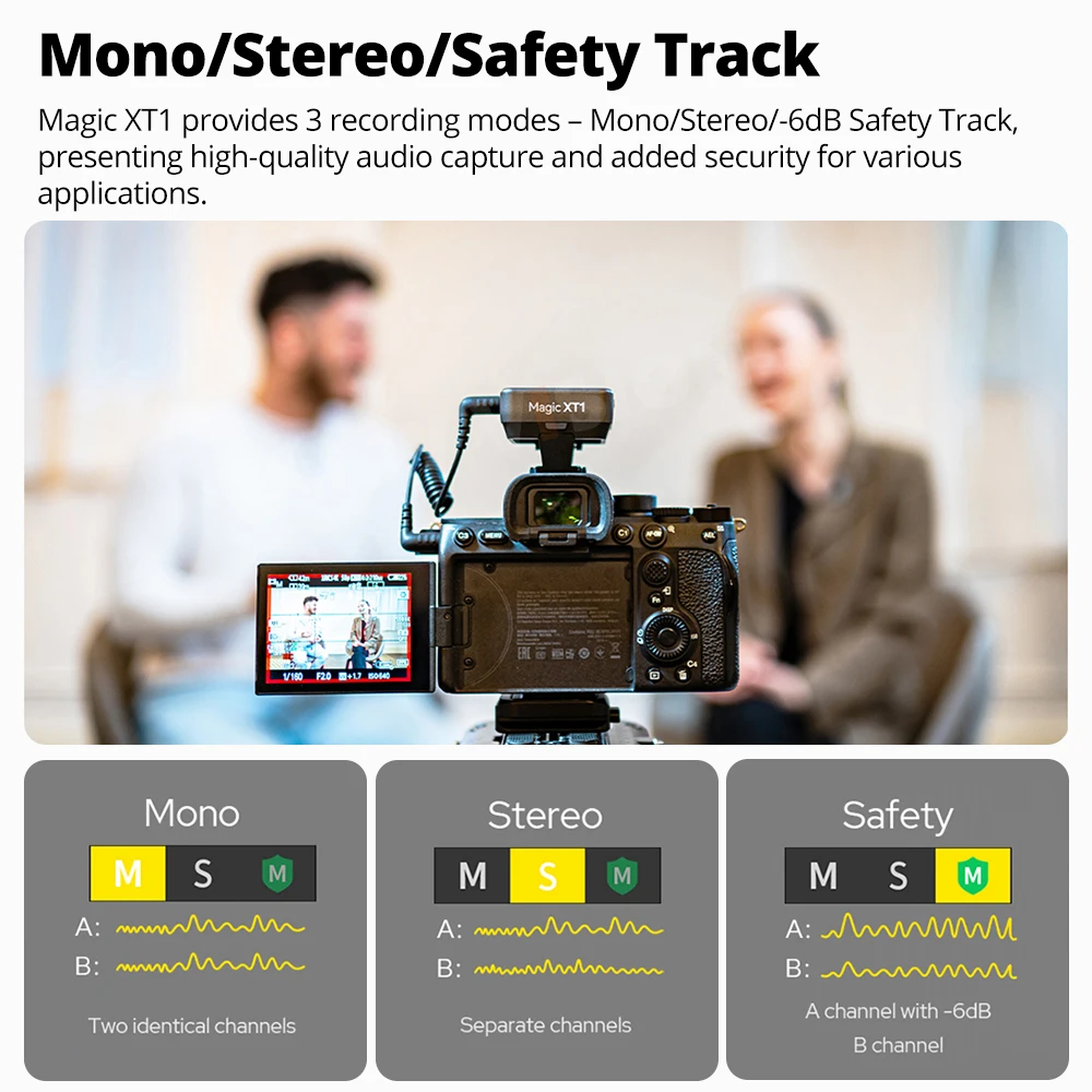 نظام ميكروفون لاسلكي Godox Magic XT1 بسرعة 2.4 جيجا هرتز كحد أقصى. معالجة الصوت الاحترافية بطول 200 متر من LOS Range Pro تدعم تسجيل الصوت الرقمي