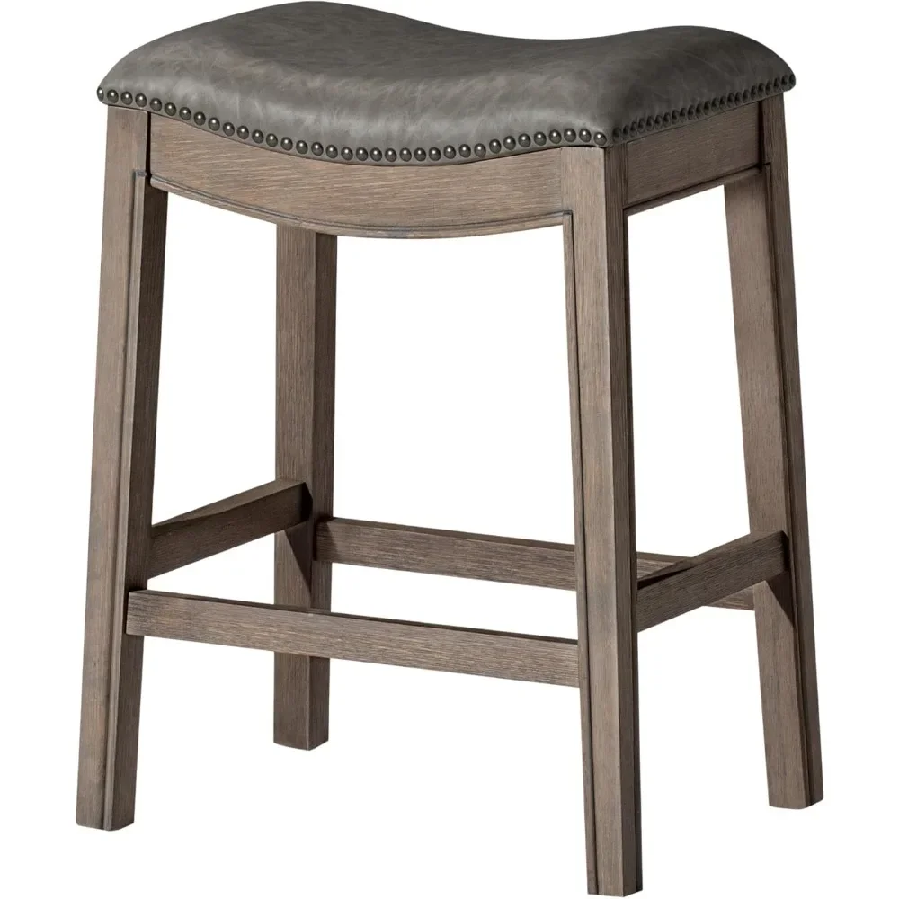 Adrien 26 Inch Counter Height Backless Saddle Barstool in Reclaimed Oak Finish with Ronan Stone Vegan Leather Cushion Seat