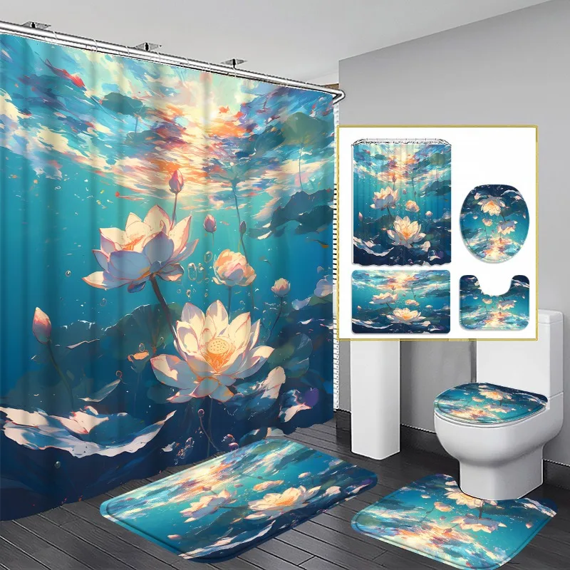 

4pc Lotus pattern bathroom set, machine washable, includes shower curtain, non-slip mat, toilet seat cover, and U-shaped mat.