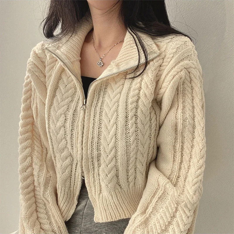 Korean Fried Dough Twists Sweater Coat Female Autumn Winter Retro Temperament Student Double Zipper Solid Knitting Cardigan Top