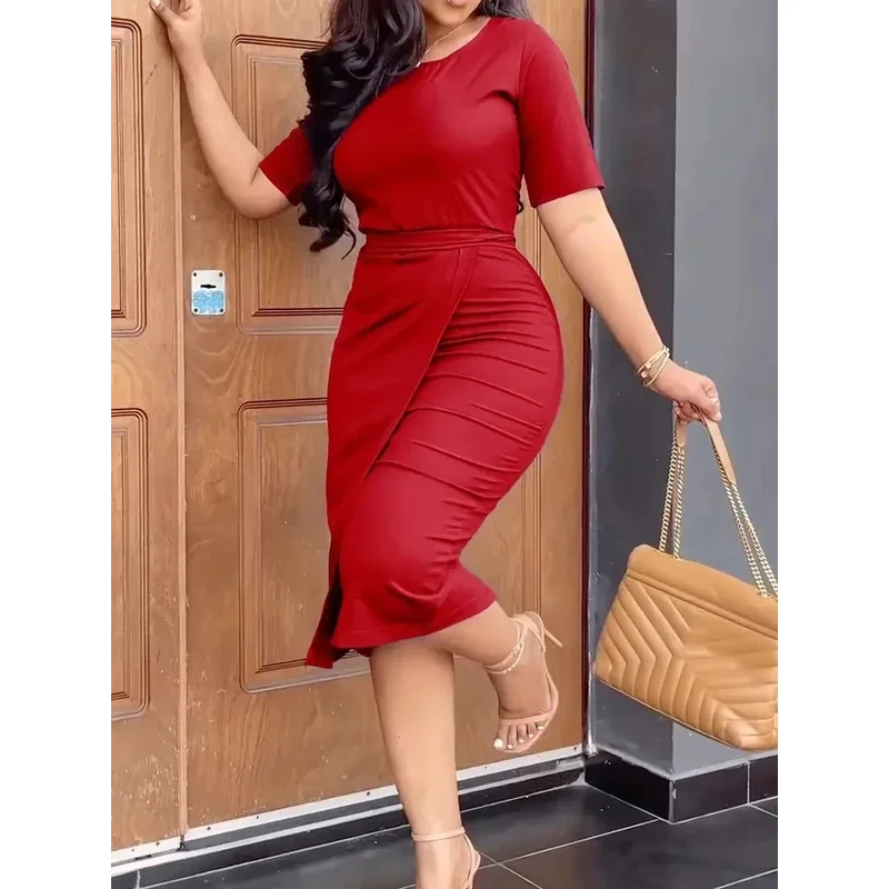 

Office Lady Dresses for Women Zipper Robe Lace Slim Short Sleeved Gown Red Wedding Party Dress Summer Streetwear Female Clothing
