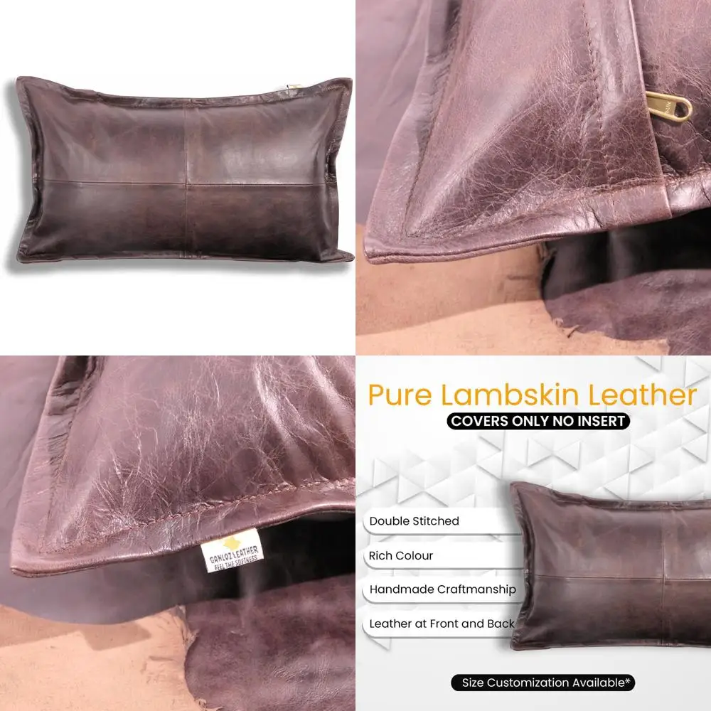 

100% Lambskin Leather Pillow Covers - Sofa Cushion Cases for Living Room & Bedroom Decorative Throw