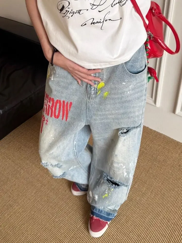 Women's Letter Printing Hole Breaking Vintage Jeans Wide Leg Streetwear Hip-hop Autumn Trouser Female Distressed Denim Pants