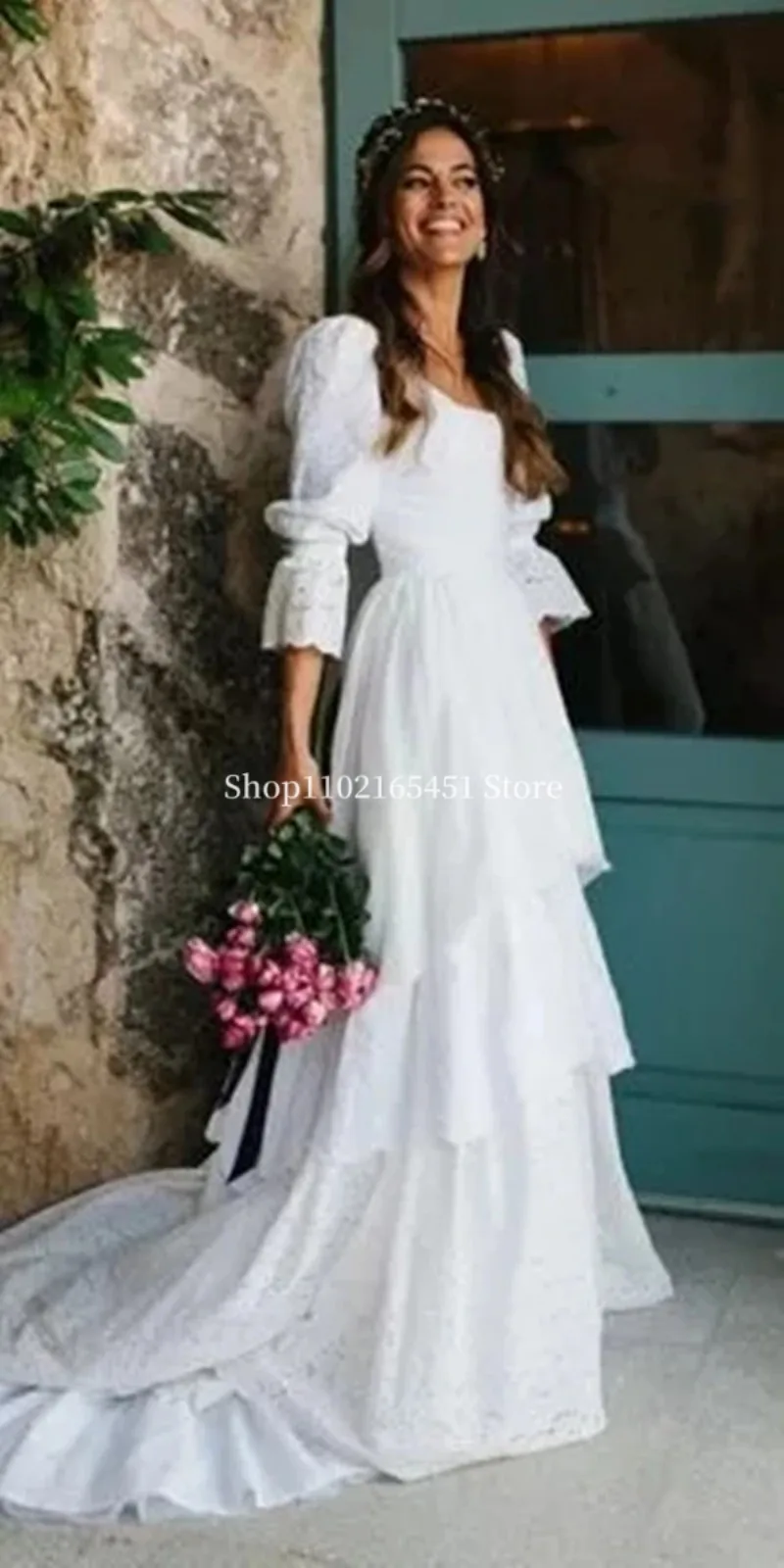 Vestidos de novia Vintage con apliques de encaje, vestidos de novia con mangas de linterna, vestidos de novia de princesa campestre escalonados, vestidos de novia personalizados