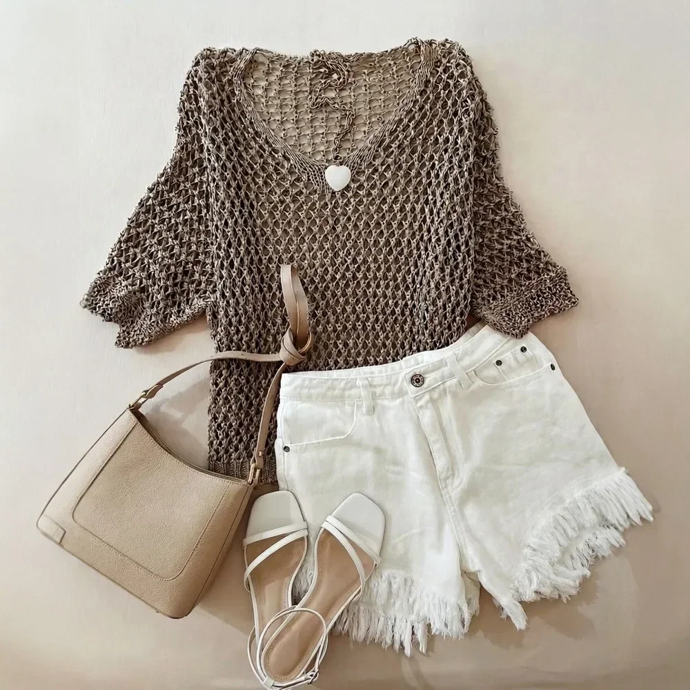 Women V Neck Hollow Out Knit Cardigan Cover Up Loose Beach Vacation Sunscreen Top Breathable Lightweight Flattering Casual Daily