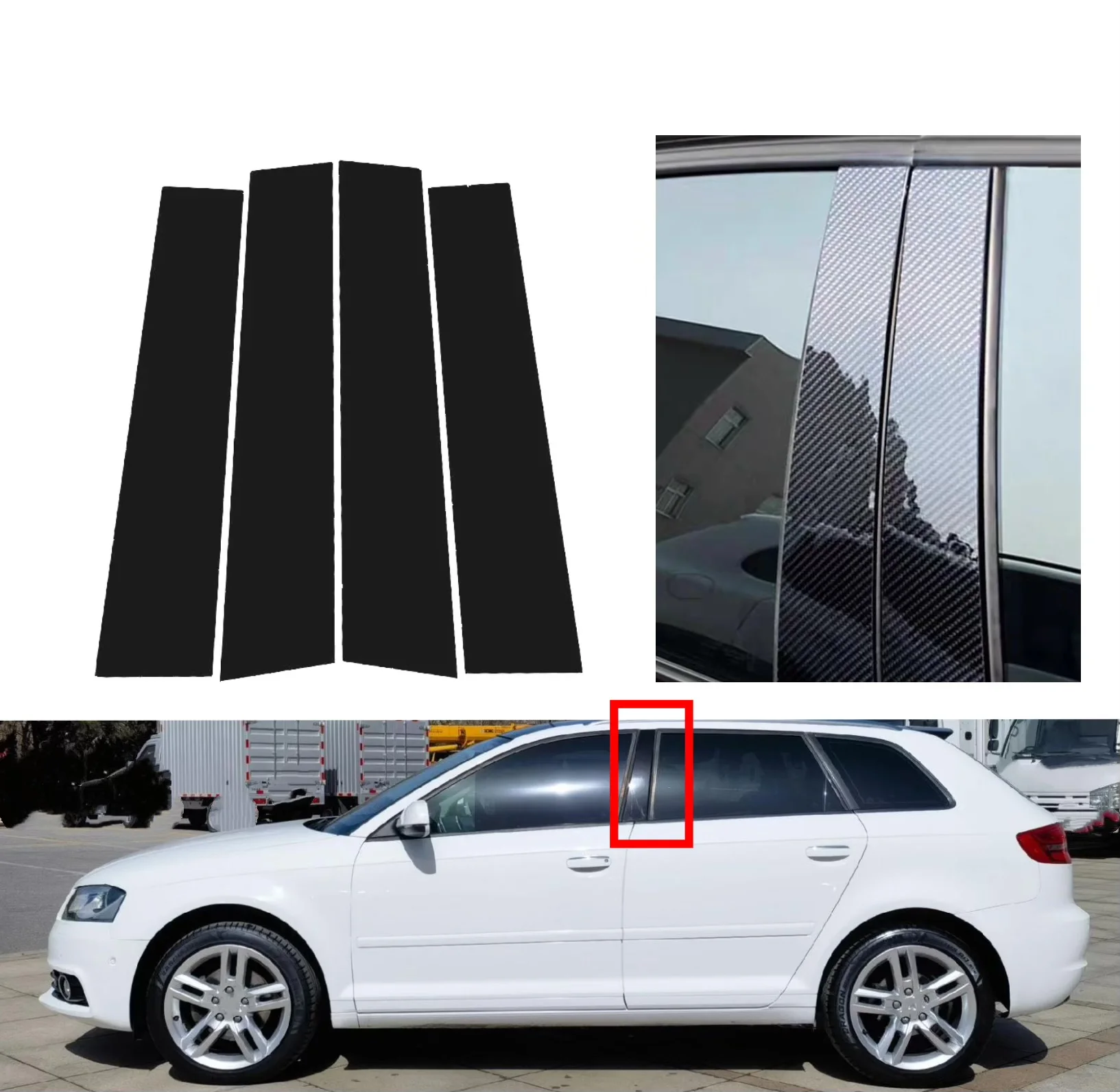 

Glossy Black Silver Carbon Pillar Post Fit For Audi A3 S3 RS3 4dr 8P 2003 2004 -2013 Door Window Column BC Trim Sticker Cover