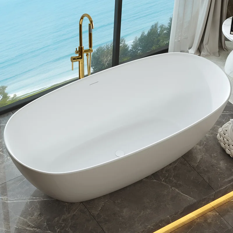 

Modern Luxury Spa Bathtub Oval Free-Standing With Drainer Solid Surface Acrylic Material Soaking Function Hotel Individual Use