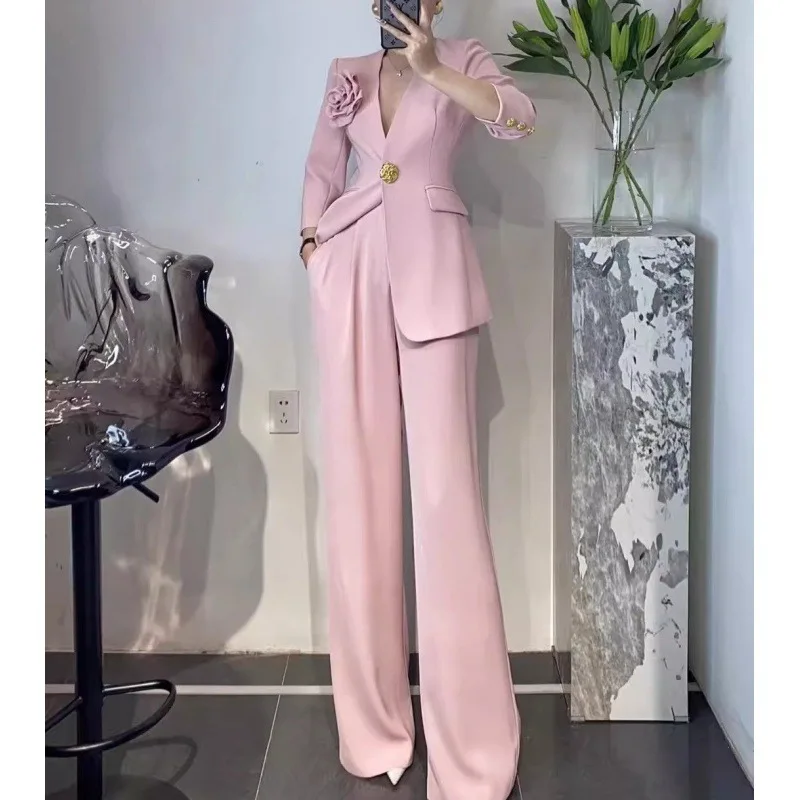 Office Lady Pant Suits Spring and Autumn New Flower Decoration Gold Buckle Waist Tight Blazer and Wide Leg Pants Two-Piece Set