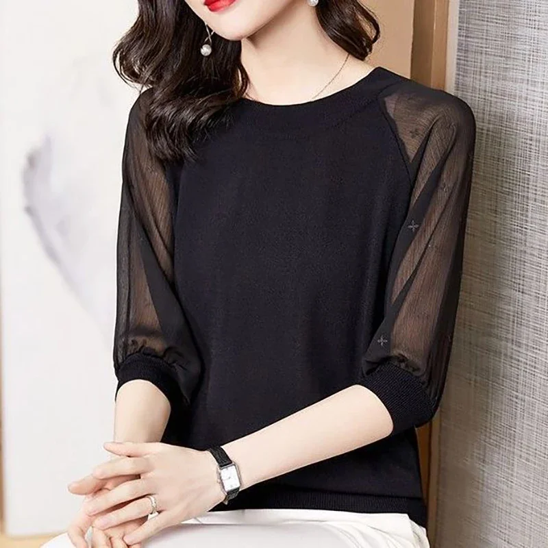 

Весна-лето 2022, новые свободные шикарные топы, офисные женские рубашки, элегантные однотонные марлевые блузки с круглым вырезом, женская одежда