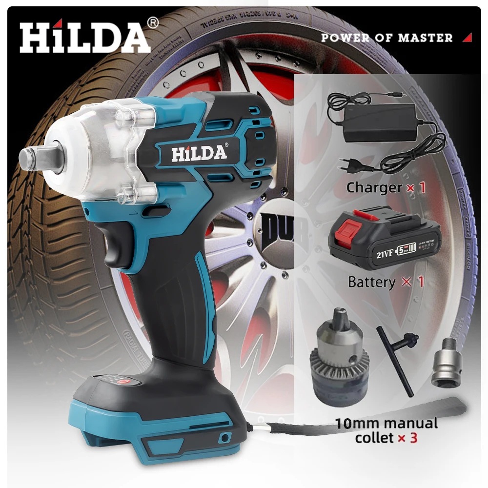 HILDA 18V Cordless Impact Wrench Brushless High Torque Impact 1/2 Inch Car Wrench Power Tools