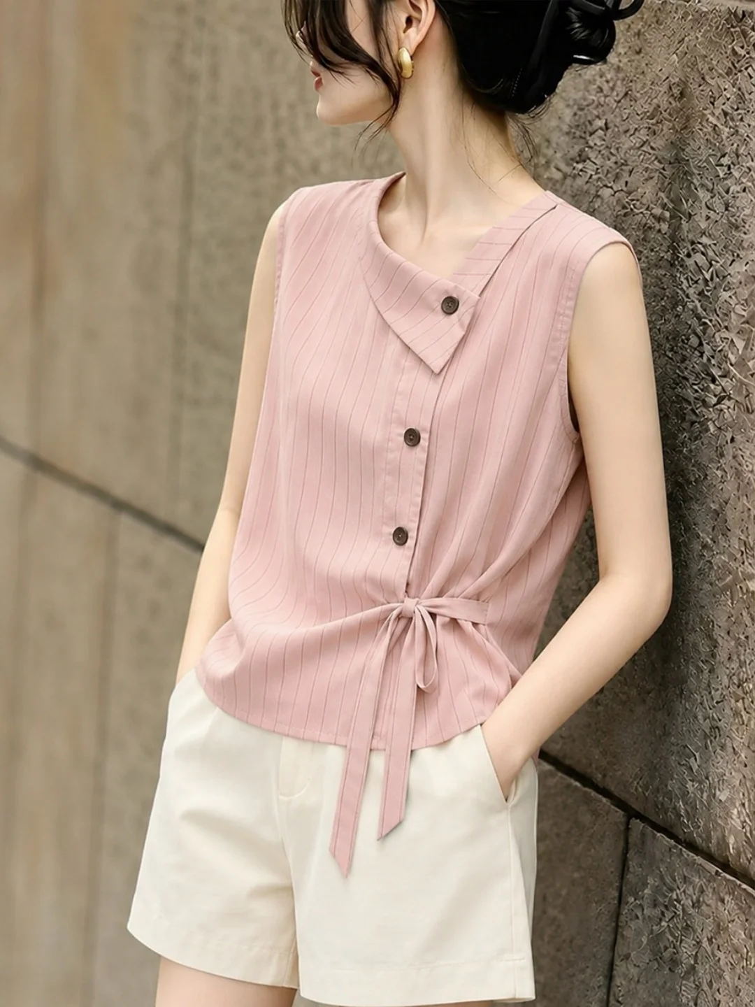 

Summer Trendy Striped Sleeveless Vest Women's Design Sensation Small Crowd Bow Tie Casual Straight Body Slimming Versatile Top
