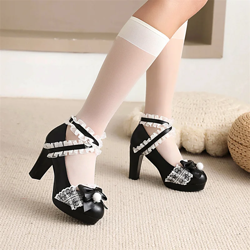 

Туфли YQBTDL женские на высоком каблуке 9 см, туфли-лодочки с перекрестными ремешками, кружевом, оборками, бантом, в стиле принцессы, Лолиты, обувь Мэри Джейн для вечерние ринки, свадьбы, косплея, белый и розовый цвета