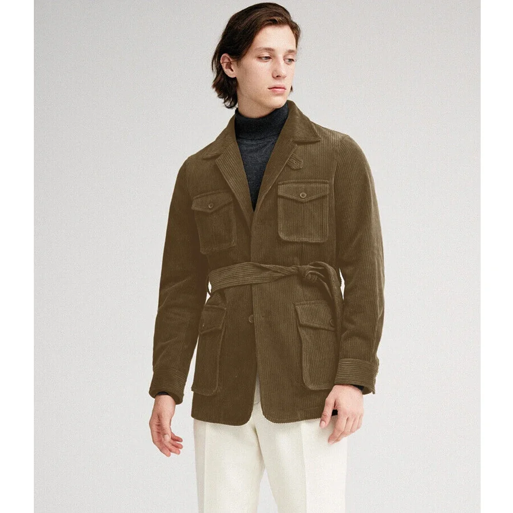 Only Jacket 1 PCS 2024 New Men's Corduroy Hunting Design Belt Comfortable Suede Casual Suit Single Breasted Pocket Slim Fashion image 3