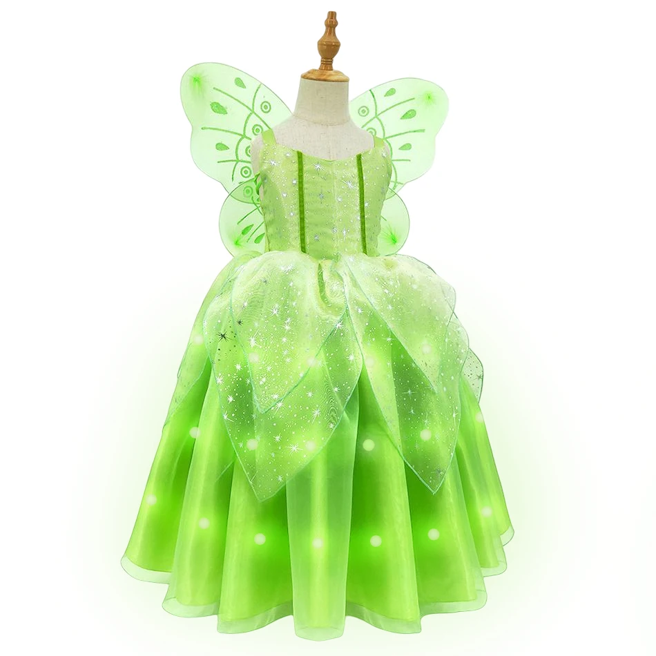 Disney Princess Tinkerbell LED Light Up Dress for Girls Coasplay Tinker Bell Halloween Costume Party Carnival Evening Dresses