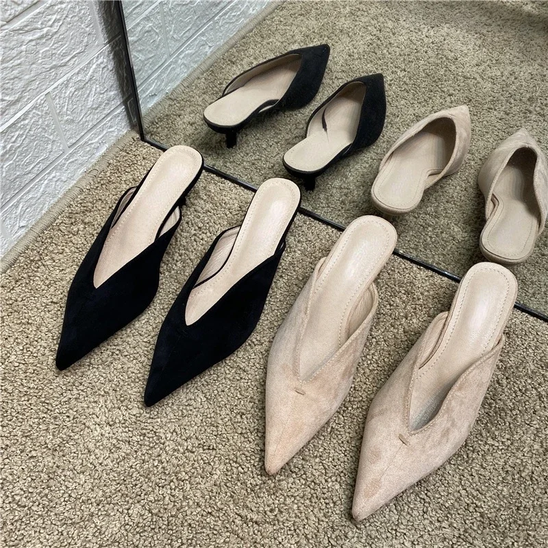 New Pointed Toe Women\'s High Heel Slippers 2024 Spring Closed Toe Sexy Stiletto Suede Simple Slippers