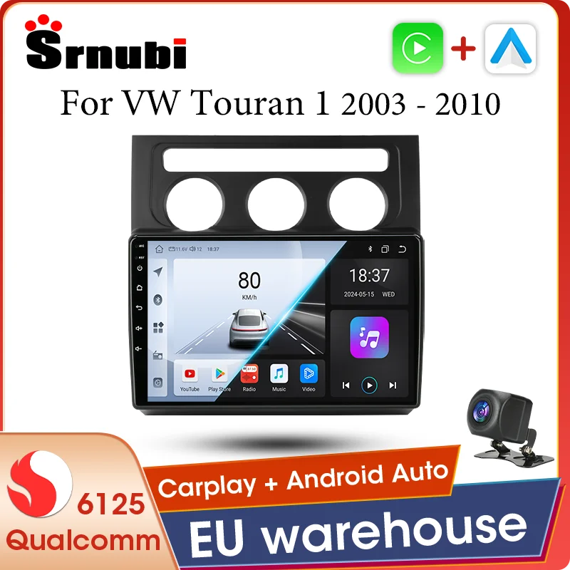 Lecteur multimédia Android 14 Auto Carplay avec écran tactile pour Volkswagen VW Touran 1 2003 - 2010, prise en charge du contrôle au volant, audio DSP, 4G, WIFI 5GHz, écran QLED, RDS, EQ, unité principale avec ventilateur de refroidissement intégré, systèmes intelligents pour voiture