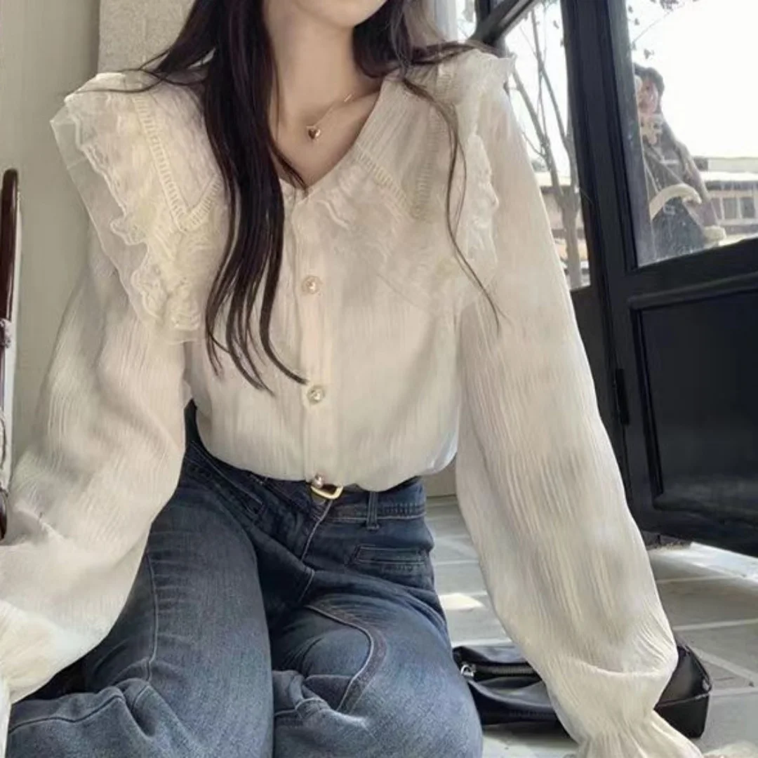 

Women's Chiffon Blouse 2025 Spring Autumn Shirt Design Lace Collar Long Sleeve Fashionable Stylish Unique Pretty Top