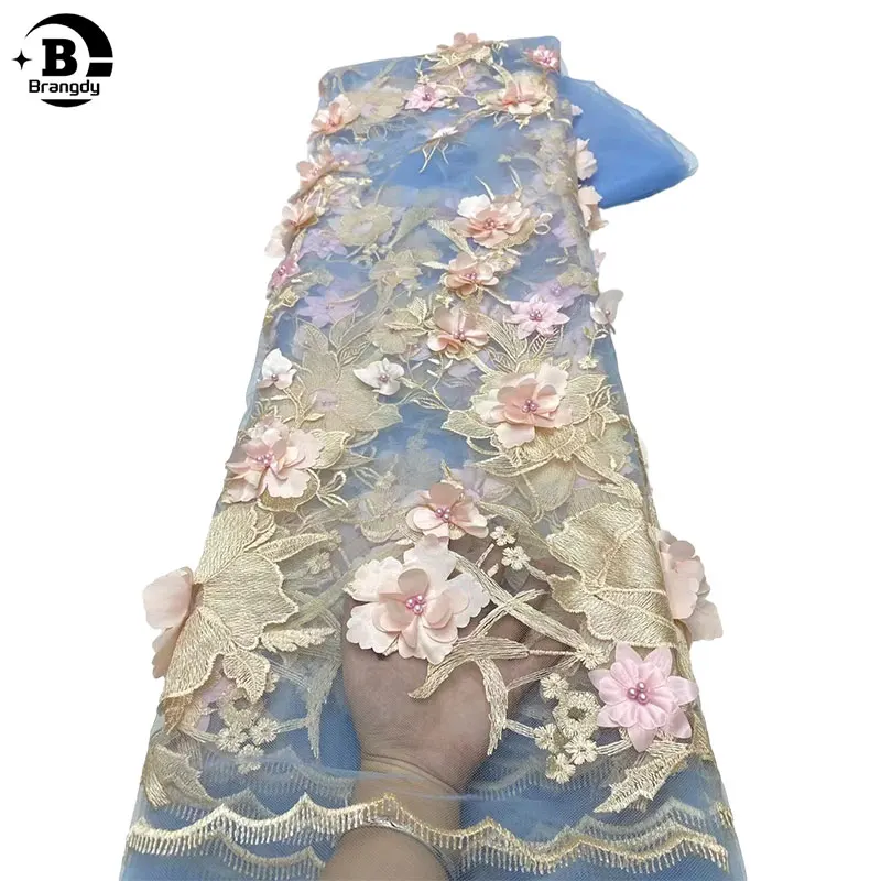 2024 Luxury 3D Beaded Tulle Lace Fabric, Embroidered Flower, Nigerian Fabric for Sewing, 5 Yards, Dubai,X380085