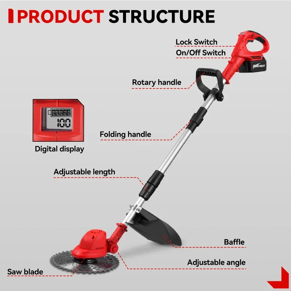 Cortacésped eléctrico sin escobillas ONEVAN, cortadora de césped inalámbrica de 36000RPM, cortador de jardín ajustable plegable para batería Makita