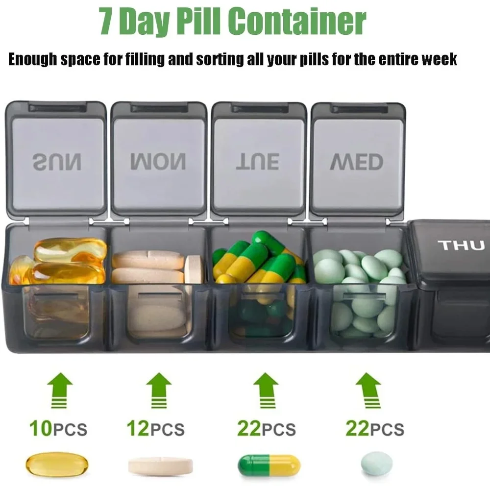 New Premium Portable Weekly Pill Cases 7 Day 7 Grids Pill Organizer Storage Box Container Travel for Medicine Vitamins Fish Oils
