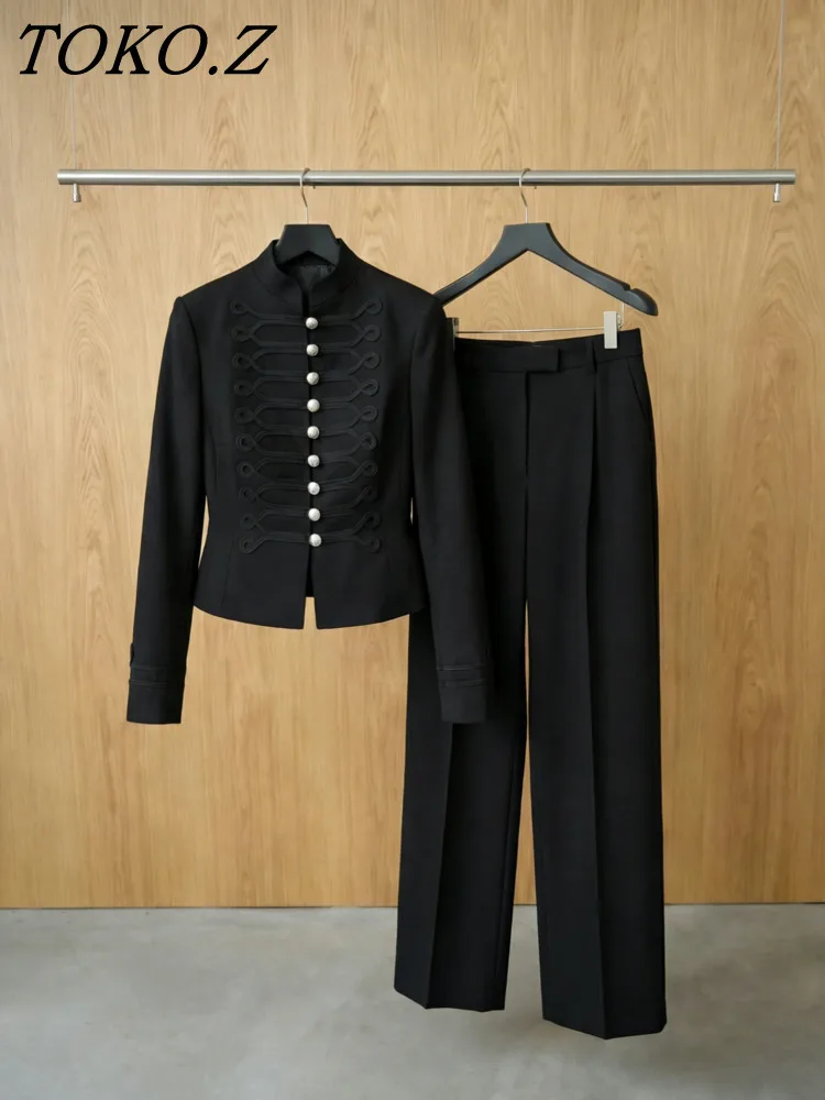 

TOKO 2026 New Women 2 Piece Suit Set Stand Collar Military Piped Detail Fitted Waist Pleated Wide Leg Pants Black Outfit
