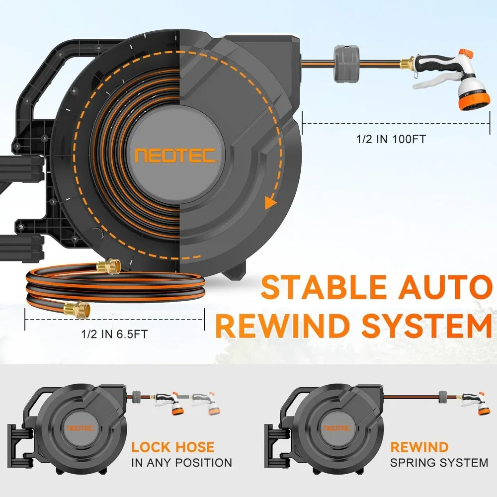 Retractable Hose Reel,1/2 in X 100 Ft Wall Mounted,with 7-Pattern Nozzle,Auto-Rewind Slow Return System,180°Swivel Bracket