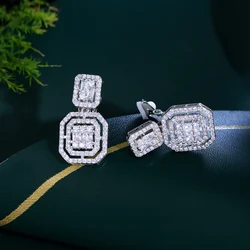 CWWZircons No Ear Hole Design Square Drop Dangle CZ Women Party Wedding Engagement Clip on Earrings Without Piercing CZ903