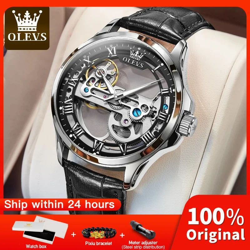 OLEVS 6661 Mens Watch Automatic Mechanical Watches Waterproof Leather Strap Top Luxury Watch Luminous Watches For Men Gift Box