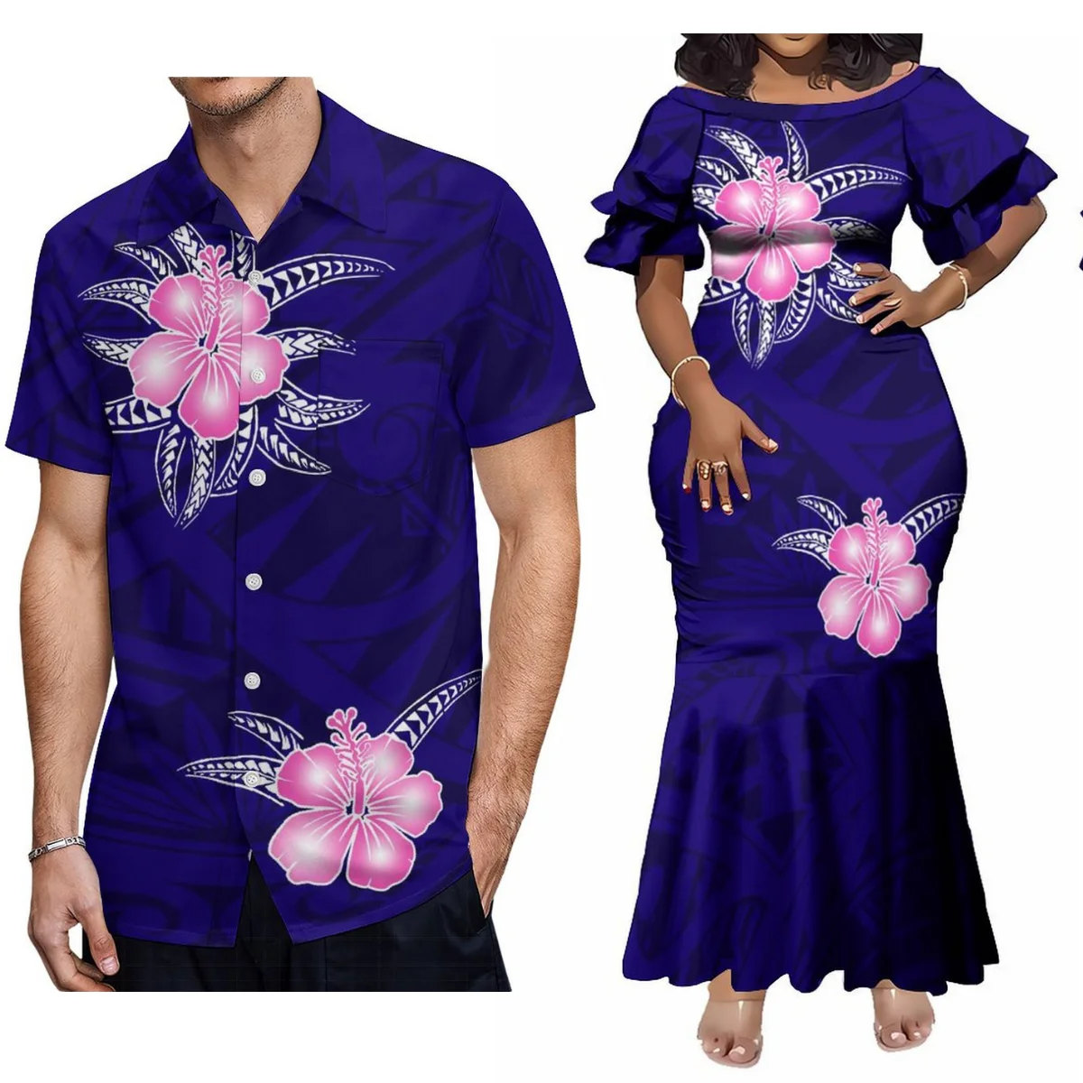 

2024 Polynesian Island-Style Suit For Men Beach Shirt With Samoan Outfit For Women Sheath Dress Temperament Fishtail Skirt