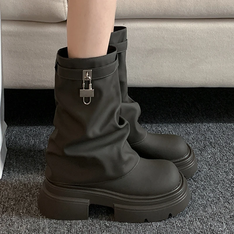 2023 zimowe nowe designerskie botki damskie na platformie Chelsea Boots plisowane botki motocyklowe w stylu punkowym buty na obcasie