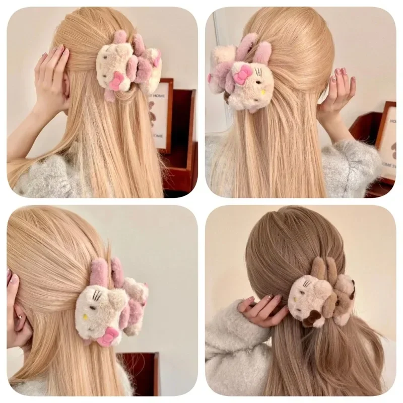 New Sanrio Hello Kitty Sweet Girl Double-sided KT Bow Plush Clip Cartoon Cute Shark Clip High Value Headdress Holiday Gift