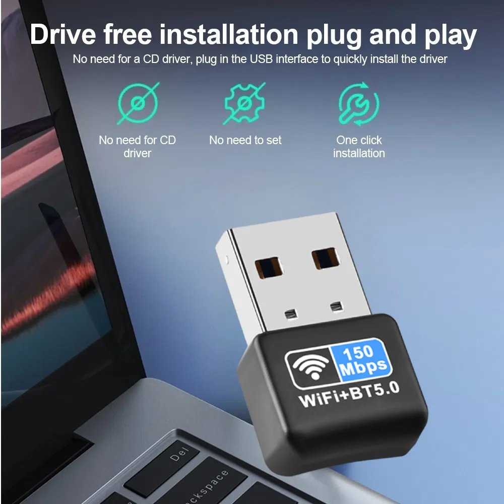 Adaptador USB WiFi Bluetooth 5,0 de 150Mbps, Dongle 2 en 1, tarjeta de red WiFi USB de 2,4 GHz, receptor Wlan inalámbrico, controlador gratuito para Win10/11
