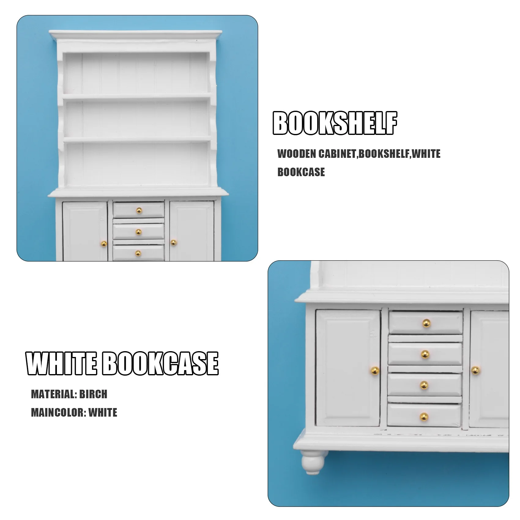 خزانة خشبية متعددة الوظائف لبيت الدمى ، أثاث مصغر ، خزانة كتب بيضاء ،