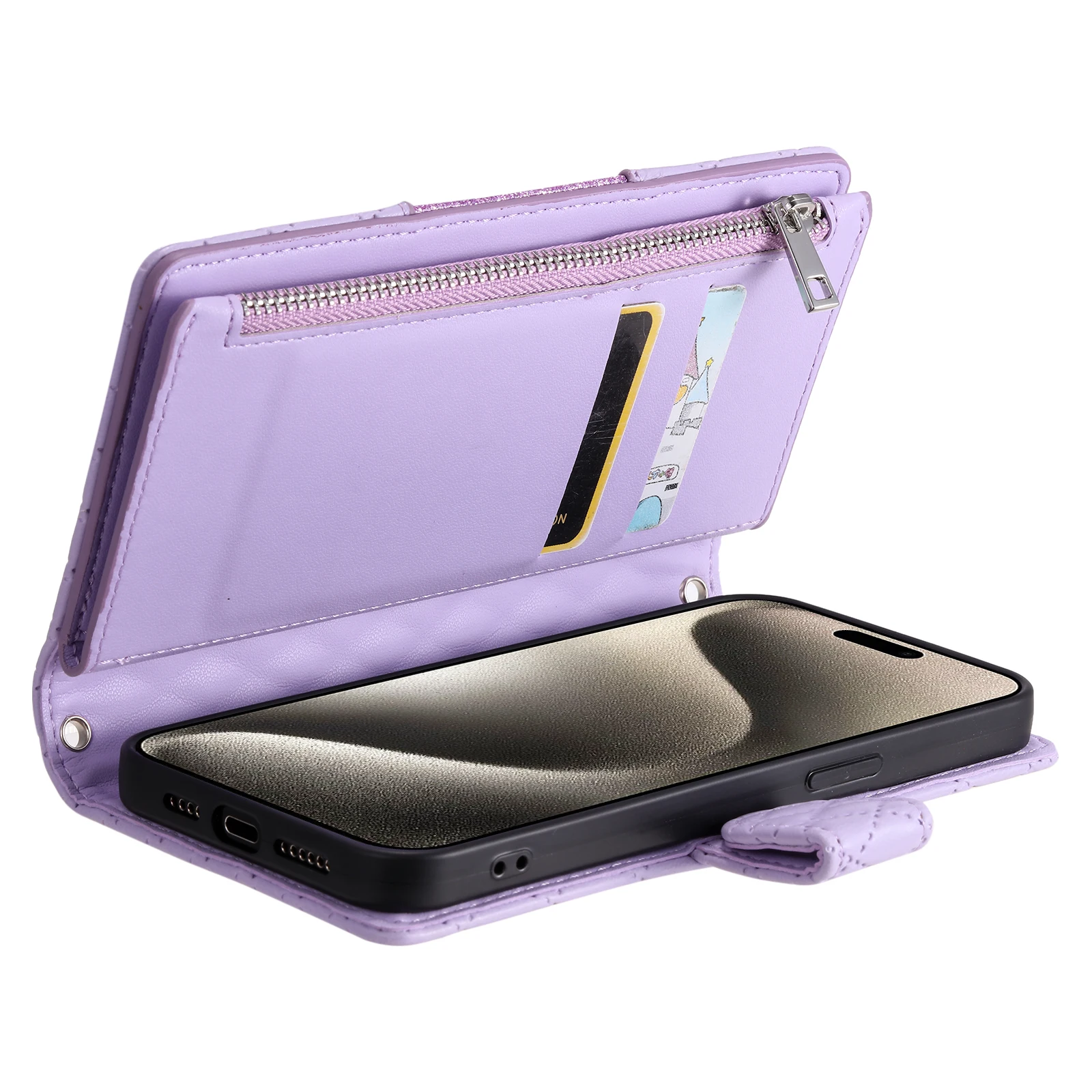 글리터 지퍼 카드 슬롯 지갑 가죽 케이스 아이폰 17 프로 맥스 16 플러스 15 플러스 14 13 12 11 롱 랜야드 백 지갑 커버