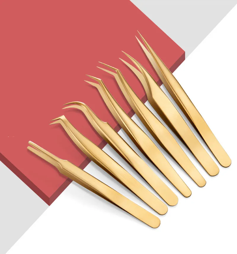 Gold Precision Tweezers Lashes Tweezers Stainless Steel Eyelashes Tweezers Eyelash Extensions Eyebrow Hair Removal Tweezers