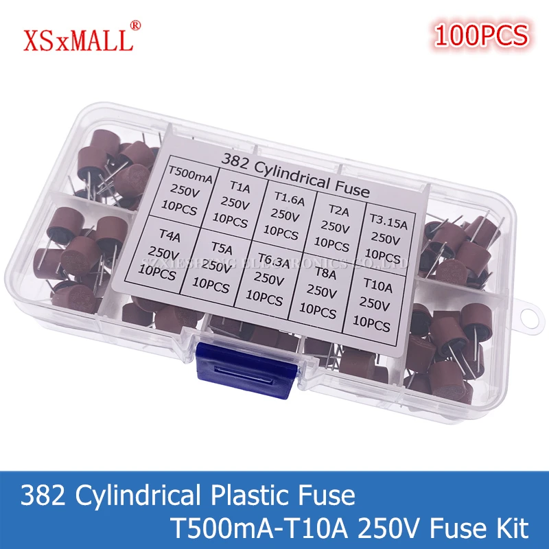 100PCS 382 Cylindrical Plastic Fuse Assortment Kit T500mA-T10A 250V 10Values x 10PCS With Box Assortment For LCD TV Power Board