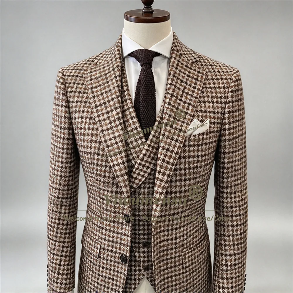 Vintage Plaid Houndstooth Men's Suit Formal Wear Single Breasted Jacket Vest Pants 3 Piece Sets Man Business Party Tuxedo Attire
