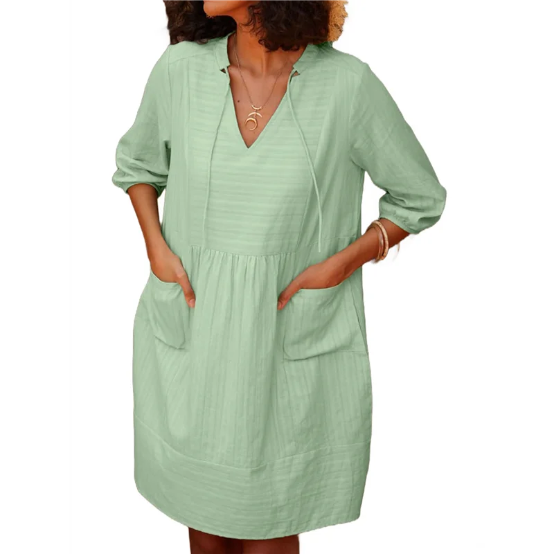 ABP-Womens V Neck Cotton Casual Loose Shift Tunic Smock Summer Dresses Vacation Dress 3/4 Sleeve Pocket