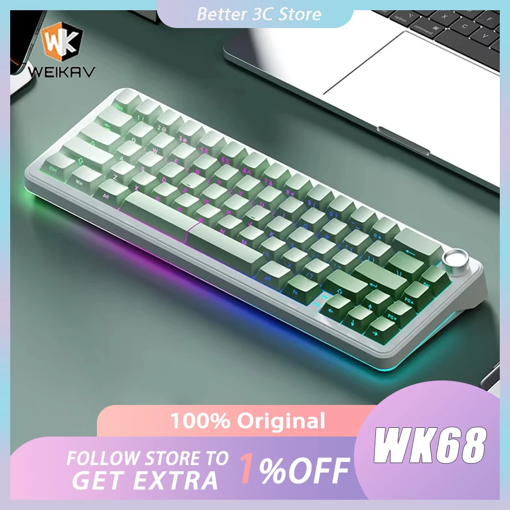 Weikav WK68 Mechanical Keyboard Tri Mode Wireless Keyboard RGB Hot Swap Gaming Keyboard 4000mAh With Knob PC Accessories Custom