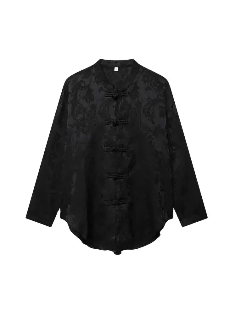 

TRZA-Long Sleeve Jacquard Shirts for Women, Chinese Style, Female Blouses, Chic Tops, Fashion