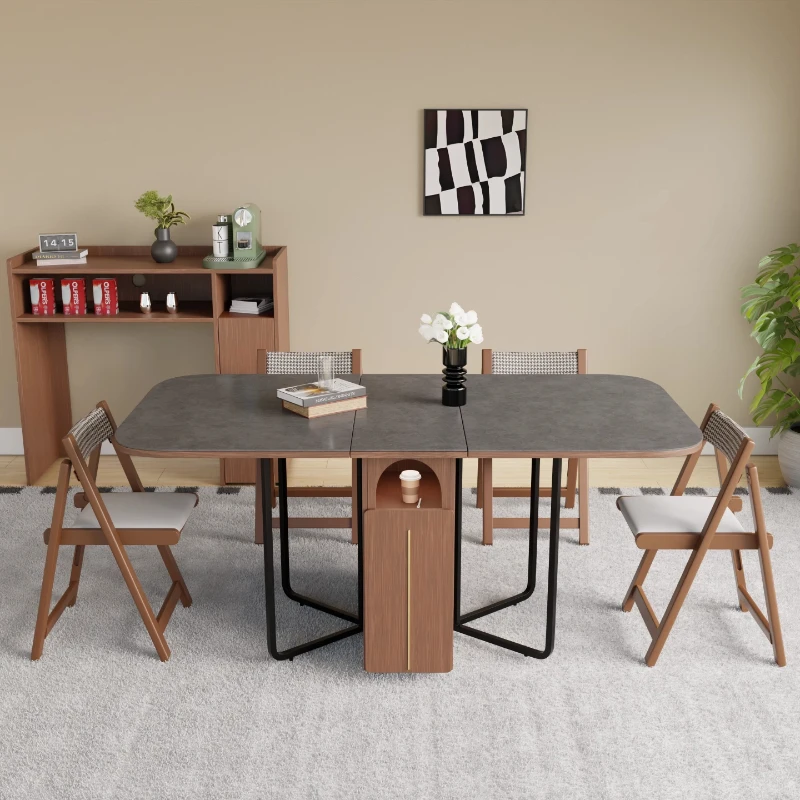 

Rock slab folding dining table and chair combination household small apartment side cabinet integrated retractable rectangular d