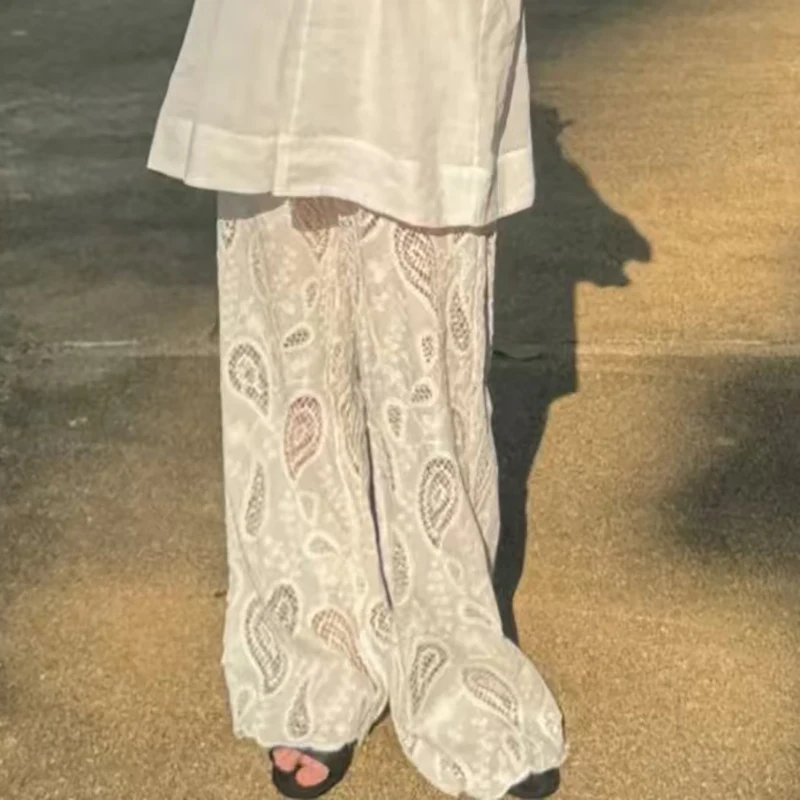 Pantaloni scavati ricamati stile vacanza da donna, pantaloni larghi con sciarpa quadrata, dritti di alta qualità, estate, novità2025