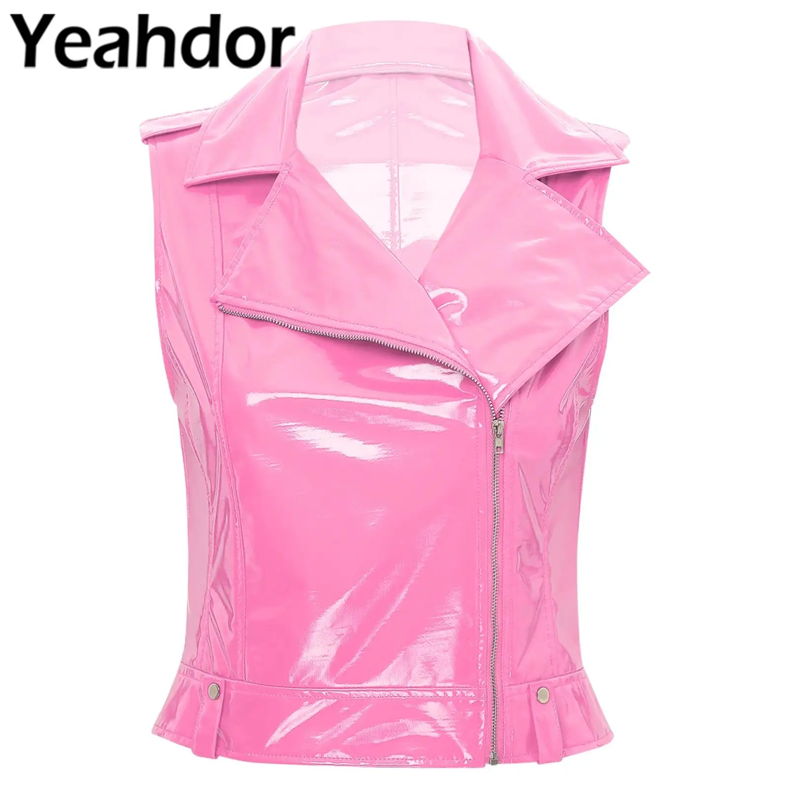 Womens Wet Look Patent Leather Vest Notched Lapel Motorcycle Jacket Tank Tops Waistcoat Moto Biker Vest Club Party Streetwear