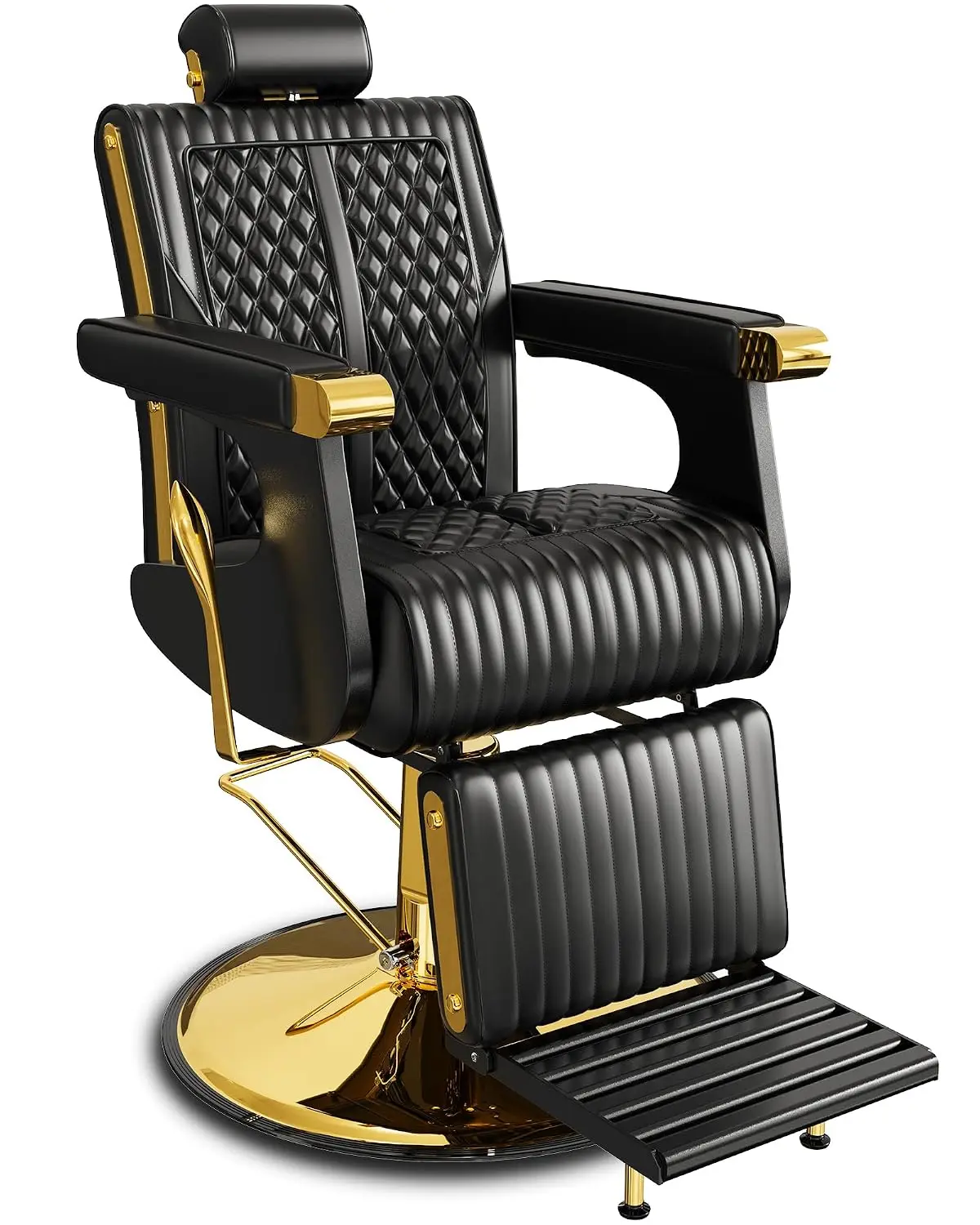 Classic Gold Reclining Barber Chair, Luxury Trim Design with PU Upholstery, Comfortable Cushion and Swivel Base,, Customized