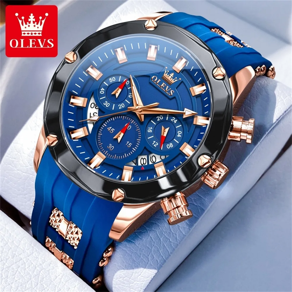 OLEVS New Original Men Watches Silicon Tape 45mm Large Dial Quartz Watch for Man Waterproof Chronograph Calendar Luminous Watch