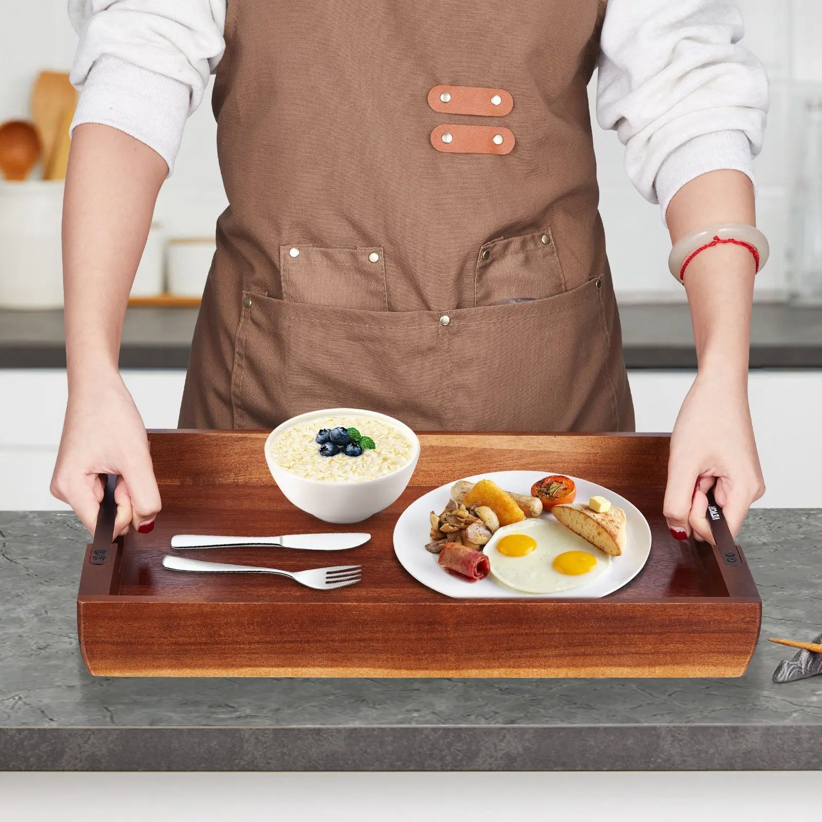 

Сервировочный поднос из дерева акации 17x12,2 дюйма с ручками, универсальный сервировочный стол для еды, чайный поднос, подносы для чайных чашек для кухни, гостиной