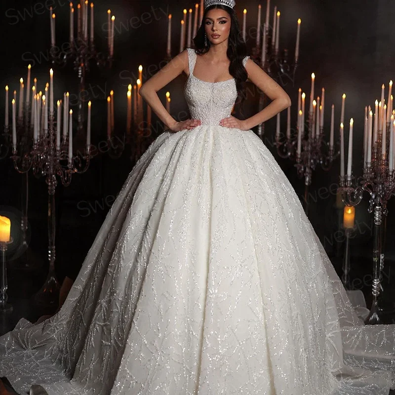 Glitter trouwjurk organza met borduurwerk kraal baljurk vierkante kraag mouwloze bruid vetersluiting vestido de novia aangepast