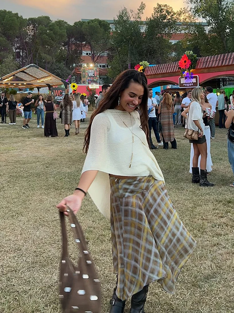 Bufanda a cuadros elegante para mujer, camisa informal que combina con todo con hombros descubiertos, Top holgado con contraste fluido, Tops elegantes para mujer 2025