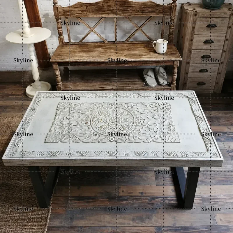 for French Moroccan Style Retro Solid Wood Carved Flower Tea Table Living Room Old Rectangular Decorative Coffee Table