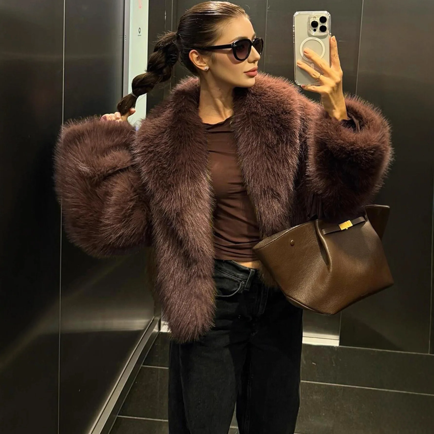 Or casaco de pele quente Plu Jaet Faionable Fem Outerwear Inverno Thiened Calor Casaco de pele sintética eepskin